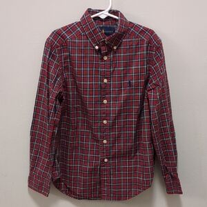 Ralph Lauren Boys Red Navy Blue Plaid Button Down Shirt - Size Small 8